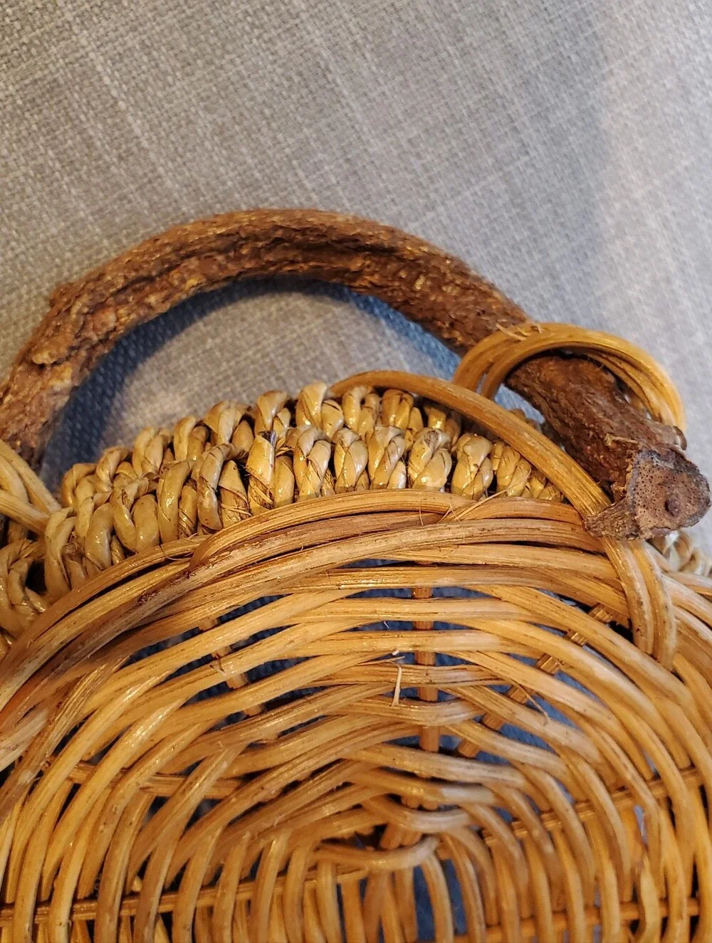 Handwoven Natural Rattan Tray, w branch handles. Boho, Farmhouse, 8x6.5